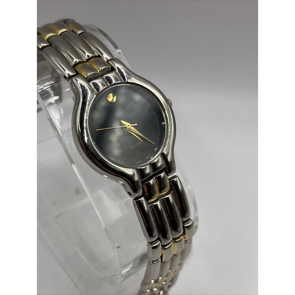 Women's Two Tone Quartz Watch Black Dial 26mm Case 6.25" Band- New Battery